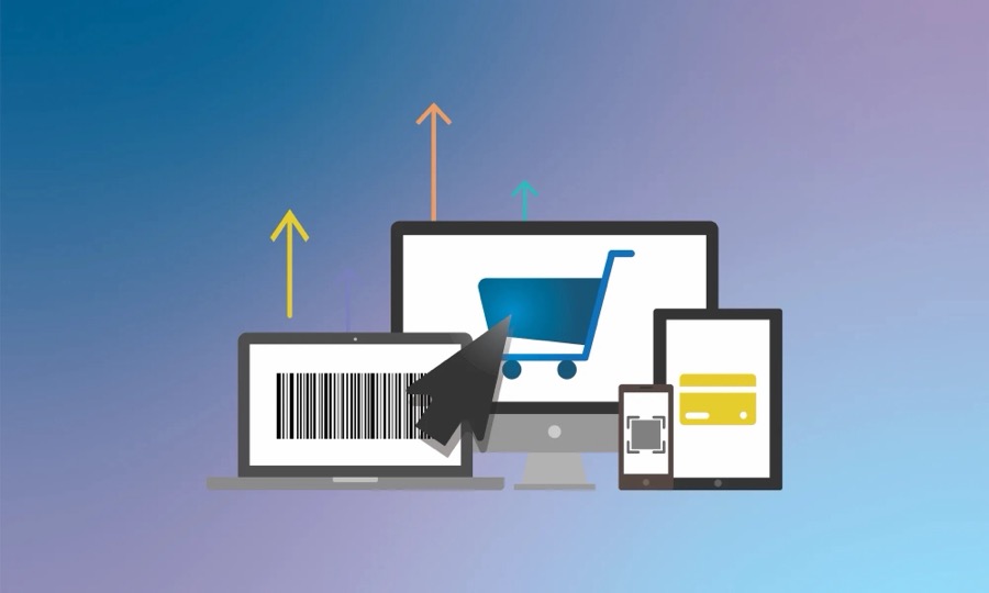 Laptop, desktop, tablet and phone showing online checkout