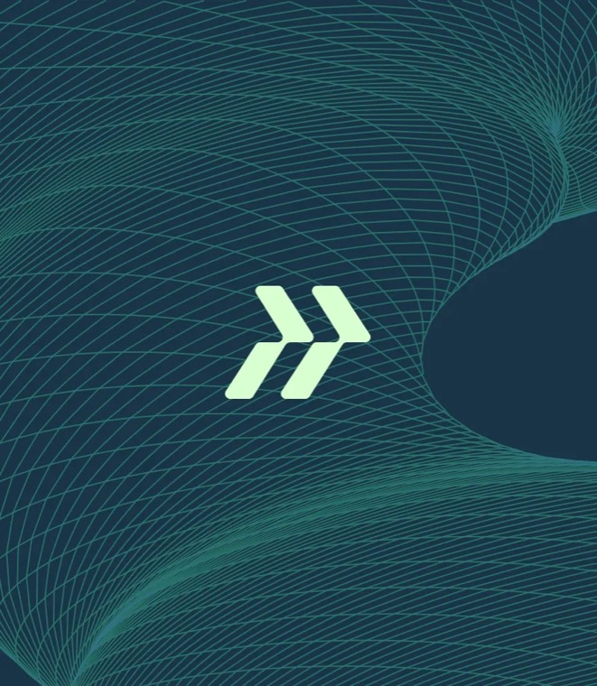 Fonoa chevron mark over a flowing wireframe pattern